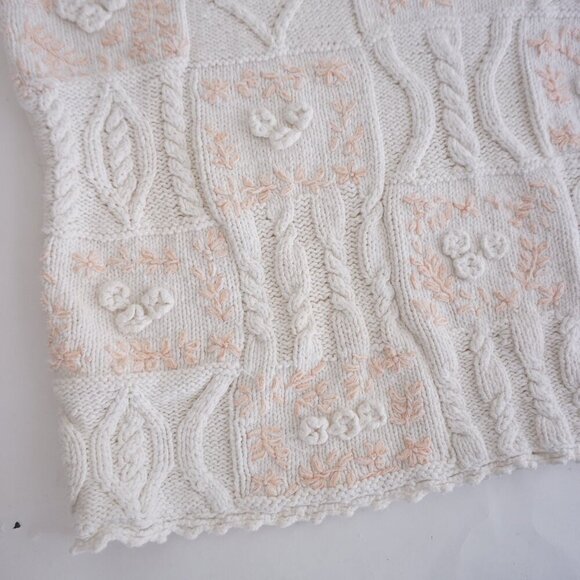 Vintage Sympatico Sportswear Cream w Peach Cable Knit Hearts Floral Sweater S - Picture 7 of 11